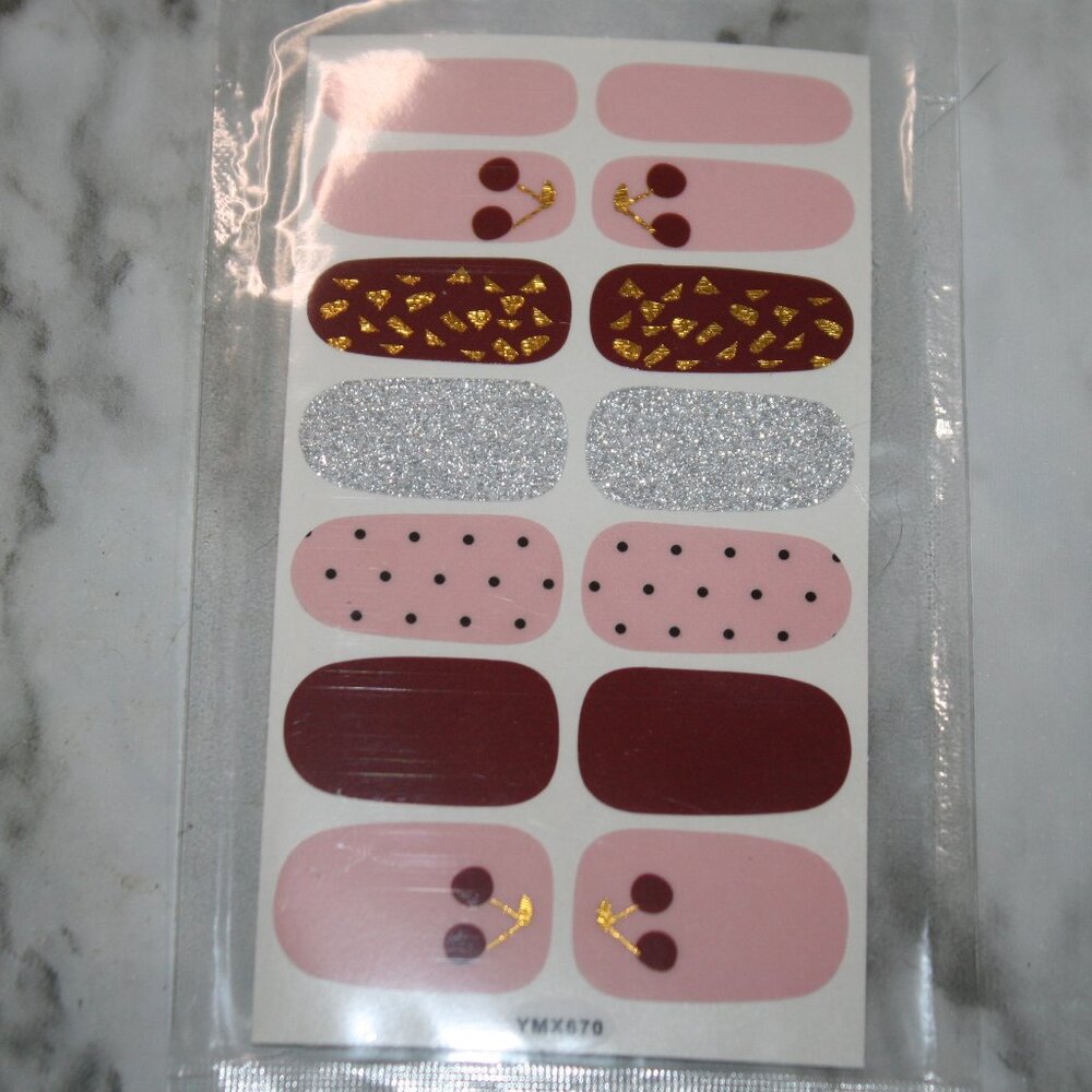 3 for 15 - Nail Wraps Cherry Glitter Strips Mixed Design YMX670 Pink Set of 14